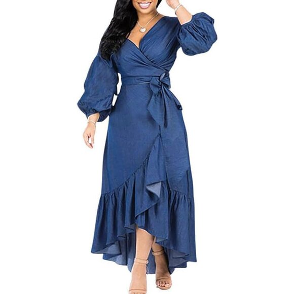 Dresses & Skirts - Women's Denim Maxi Dress Cotton Belted V-Neck Ruffle Hem Casual Elegant